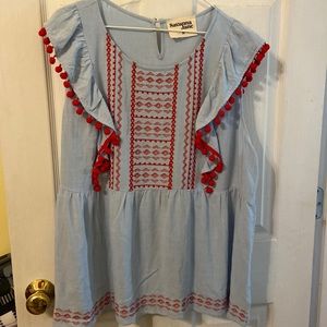 Ladies SAVANNA JANE Blue Red POM POM Embroidered BLOUSE Top SHIRT ~ Size 2X